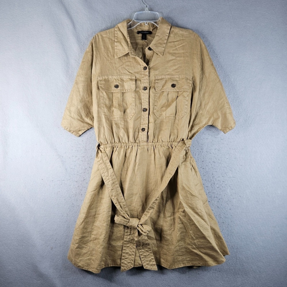 Banana Republic Linen Dress Womens XL Beige Safari Shirt Dress Belted Lined NEW